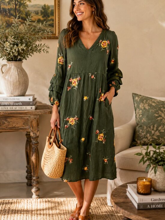 fig and flower Dresses & Skirts - Fig & Flower Embroidered Boho Midi Dress Green Floral Ruffle Sleeve Large